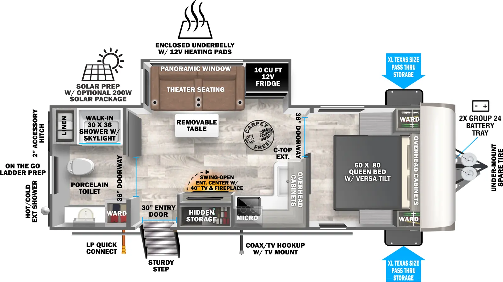 The Heritage Glen Travel Trailers 22RBHL has one entry and one slide out. Exterior features include: fiberglass exterior. Interiors features include: front bedroom and rear bathroom.